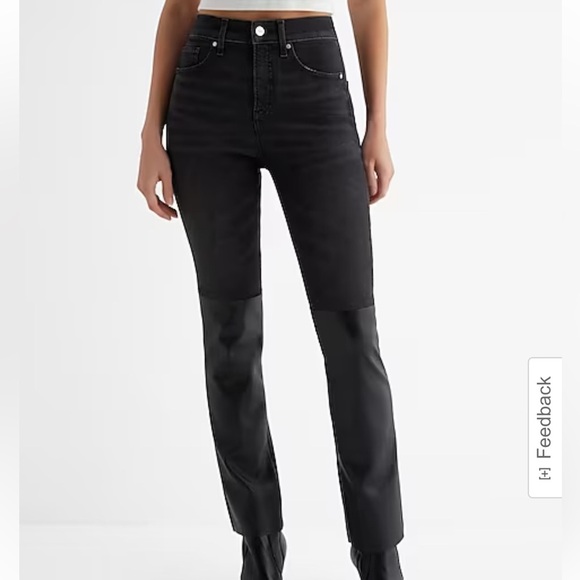 EXPRESS | Super High Waisted Faux Leather Paneled '90s Slim Jeans - Picture 2 of 9